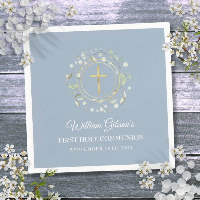 First Holy Communion Gold Greenery Dusty Blue Napkin (First Holy Communion Gold Greenery Dusty Blue Napkins)