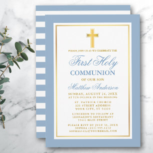 First Holy Communion Gold Light Blue Striped Invitation