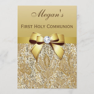 First Holy Communion Gold Sequins, Bow Diamond Invitation