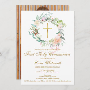 First Holy Communion Gold Watercolor Floral Photo Invitation