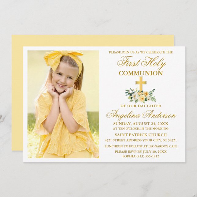 First Holy Communion Gold Watercolor Yellow Floral Invitation (Front/Back)