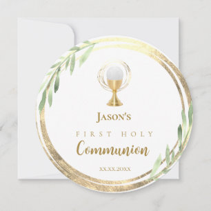 First Holy Communion golden circle green leaves Invitation