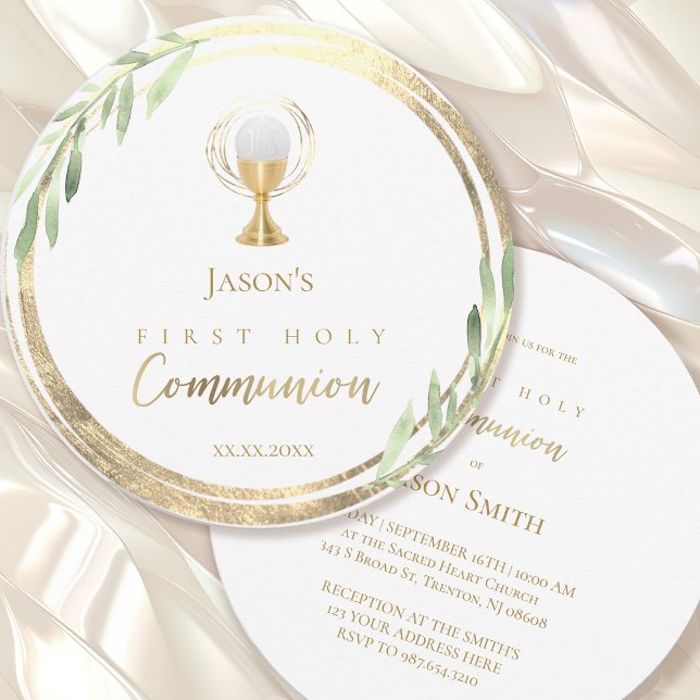 First Holy Communion golden circle green leaves Invitation (Creator Uploaded)