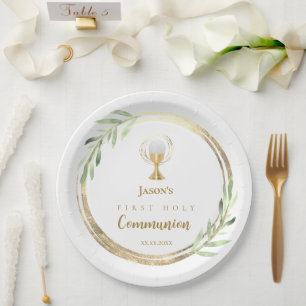 First Holy Communion golden circle green leaves Paper Plate