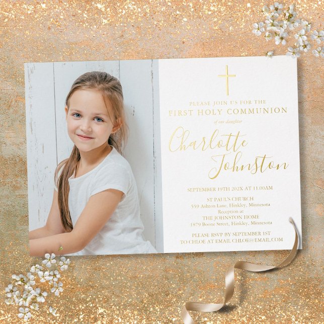 First Holy Communion Golden Script Photo (First Holy Communion Golden Script Photo Foil Invitation)