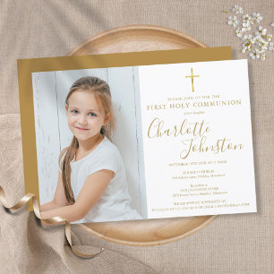 First Holy Communion Golden Script Photo Invitation