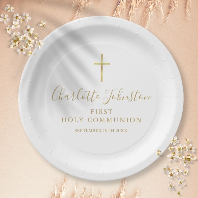 First Holy Communion Golden Signature Script Paper Plate (First Holy Communion Golden Signature Script Paper Plates)