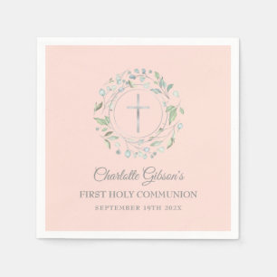 First Holy Communion Greenery Blush Pink Silver Napkin