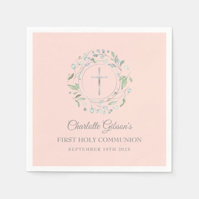 First Holy Communion Greenery Blush Pink Silver Napkin (Front)