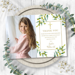 First Holy Communion Greenery Foliage Photo Thank You Card