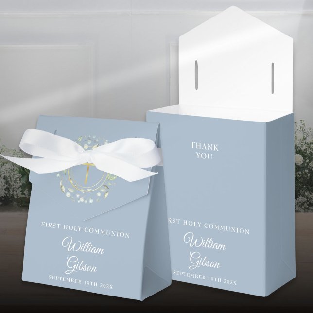 First Holy Communion Greenery Garland Dusty Blue Favour Box (First Holy Communion Greenery Garland Dusty Blue Favor Boxes)