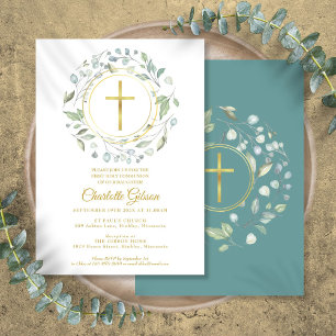 First Holy Communion Greenery Gold Cross Invitation