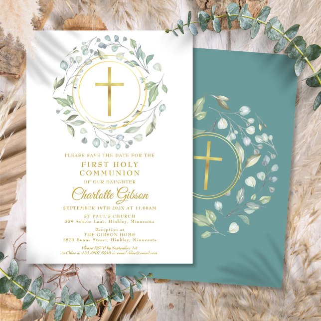 First Holy Communion Greenery Gold Cross Save The Date (First Holy Communion Greenery Gold Cross Save The Date)