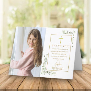 First Holy Communion Greenery Photo Thank You Card