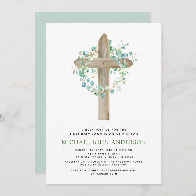 First Holy Communion Greenery Sage Eucalyptus Invi Invitation (Front/Back)