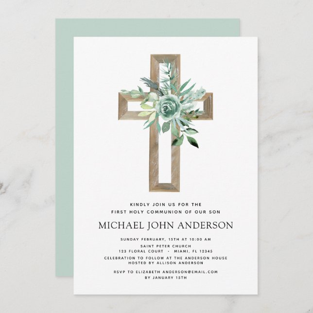 First Holy Communion Greenery Sage Eucalyptus Invitation (Front/Back)