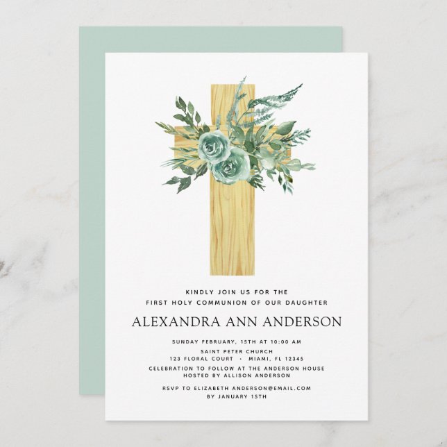 First Holy Communion Greenery Sage Eucalyptus Invitation (Front/Back)