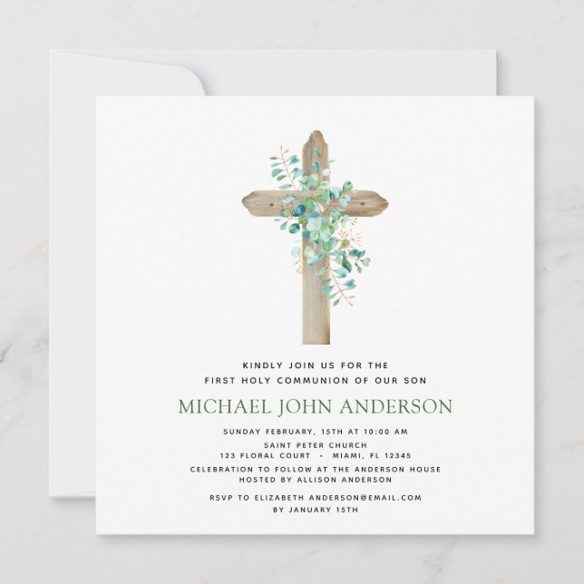 First Holy Communion Greenery Sage Eucalyptus Invitation (Front)