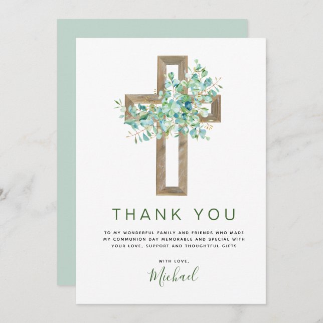 First Holy Communion Greenery Sage Thank You Invitation (Front/Back)