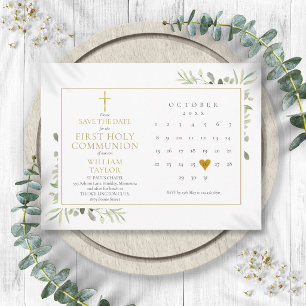 First Holy Communion Greenery Save The Date Announcement Postcard