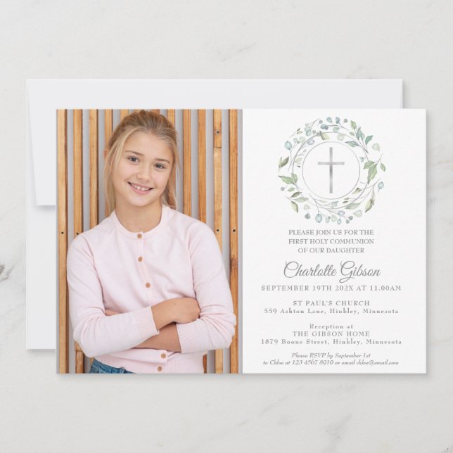 First Holy Communion Greenery Silver Cross Photo Invitation (Front)
