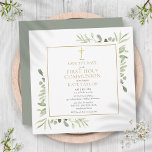 First Holy Communion Greenery Square Save The Date<br><div class="desc">Featuring delicate watercolor greenery leaves and an elegant gold crucifix,  this chic gender-neutral First Holy Communion save-the-date invitation can be personalised with your special information,  with a sage green background on the reverse. Designed by Thisisnotme©</div>