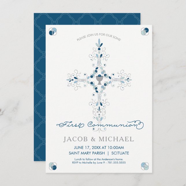 First Holy Communion Invitation Boy's Invite Card (Front/Back)