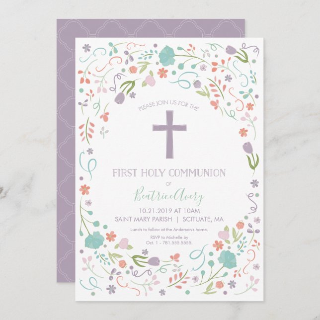 First Holy Communion Invitation, Customise, Floral Invitation (Front/Back)