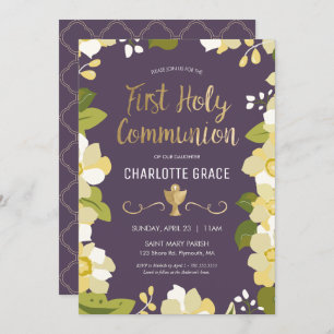 First Holy Communion Invitation, Floral w/ Chalice Invitation