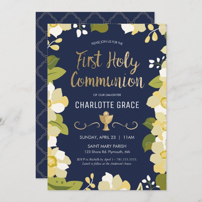First Holy Communion Invitation, Floral w/ Gold Invitation (Front/Back)
