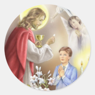 First Holy Communion Invitation for boys Classic Round Sticker