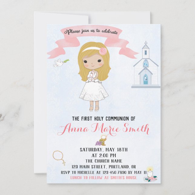 First Holy Communion invitation Girl's invite (Front)