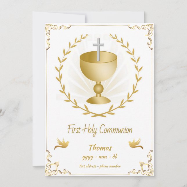 First Holy Communion Invitation Gold Chalice Cross (Front)