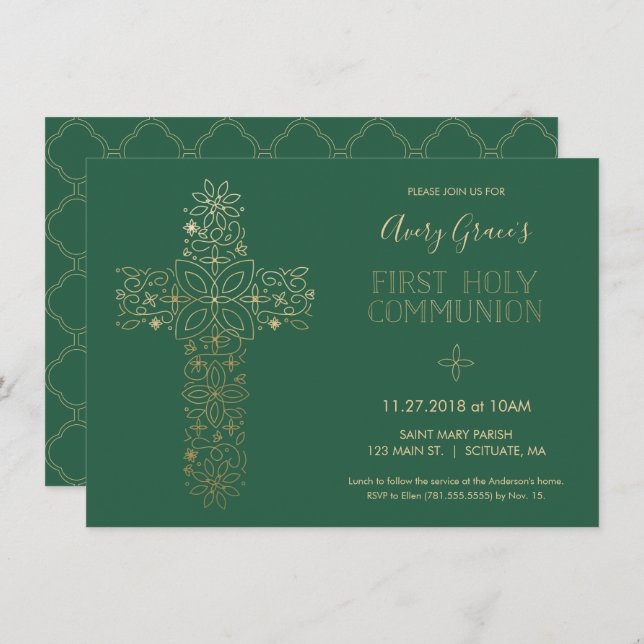 First Holy Communion Invitation, Gold Cross Invite (Front/Back)