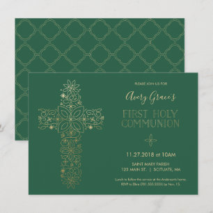 First Holy Communion Invitation, Gold Cross Invite