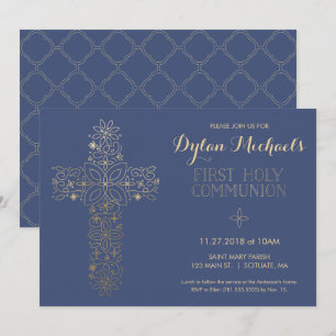 First Holy Communion Invitation, Gold Cross Invite