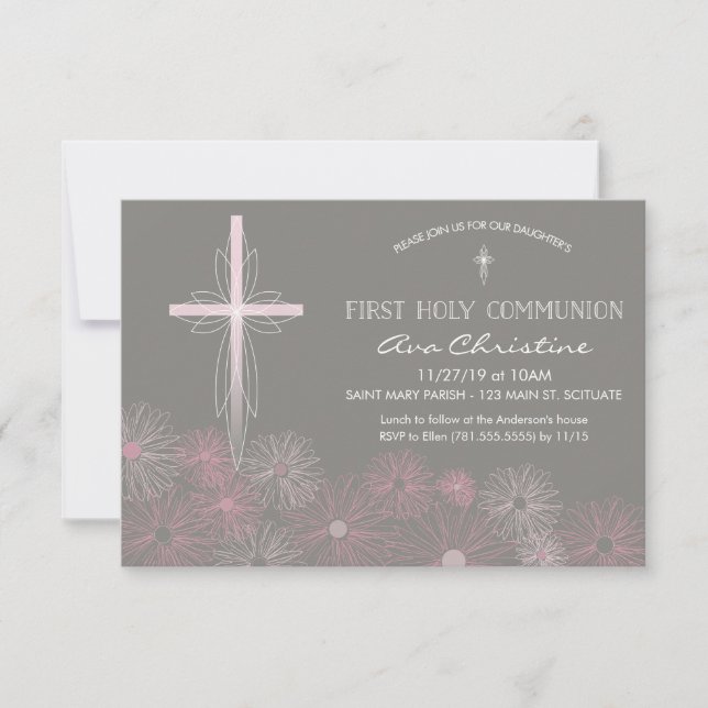 First Holy Communion Invitation w/ Cross, Daisies (Front)