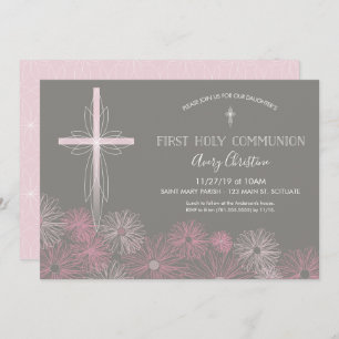 First Holy Communion Invitation w/ Cross, Flowers
