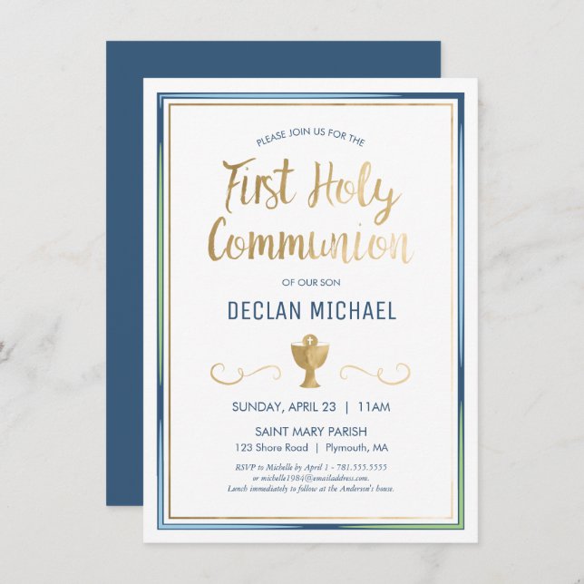 First Holy Communion Invite - Elegant, Simple Gold (Front/Back)
