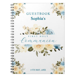 First Holy Communion Ivory Blue Flowers Guest Book