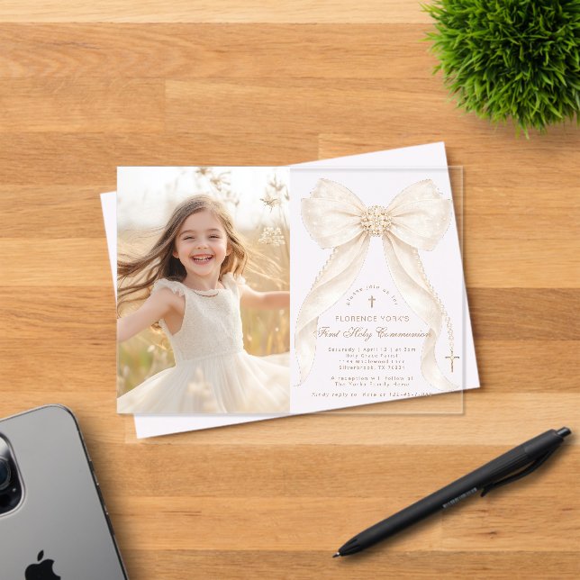 First Holy Communion Ivory Bow Pearls Photo Acrylic Invitations (Insitu (Invitation Card))