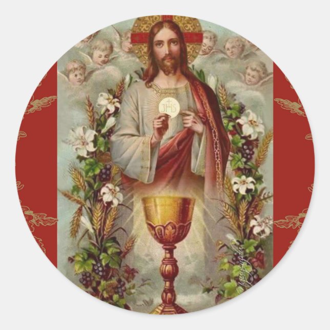 First Holy Communion Jesus Chalice Flowers Classic Round Sticker (Front)