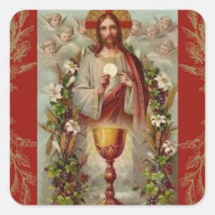 First Holy Communion Jesus Chalice Flowers Square Sticker