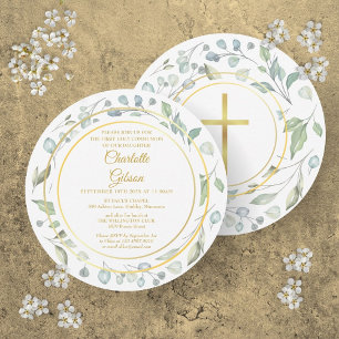 First Holy Communion Laurel Garland Gold Circular Invitation