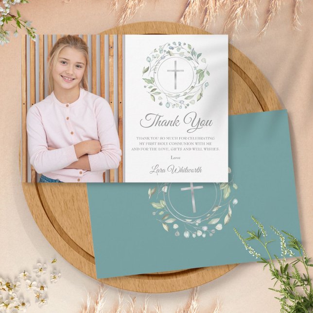 First Holy Communion Laurel Garland Photo Thank You Card (Creator Uploaded)