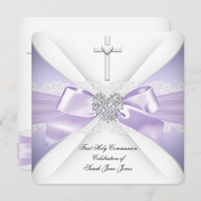 First Holy Communion Lavender Silver Heart Girl Invitation (Front/Back)