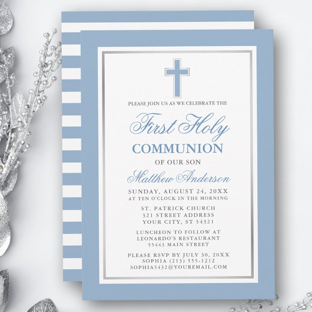 First Holy Communion Light Blue Silver Striped Invitation (Customize to change text color, size or text style.)