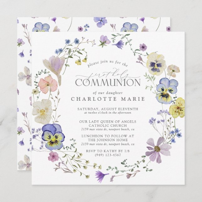 First Holy Communion Lilac & Blue Floral Girl Invitation (Front/Back)