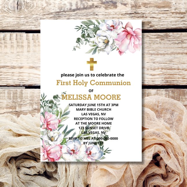 First Holy Communion magnolia pink white flowers Invitation (Creator Uploaded)