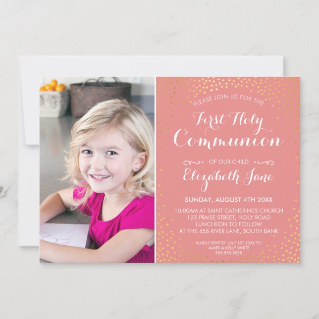 FIRST HOLY COMMUNION mini gold confetti cute coral Invitation (Front)